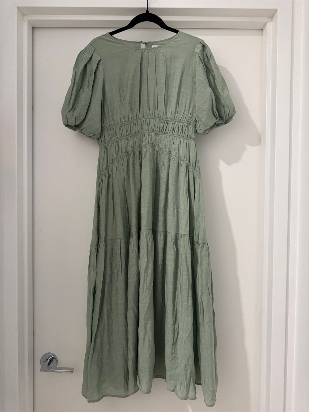 Moon River Sage Green Puff-Sleeve Tiered Maxi Dress
